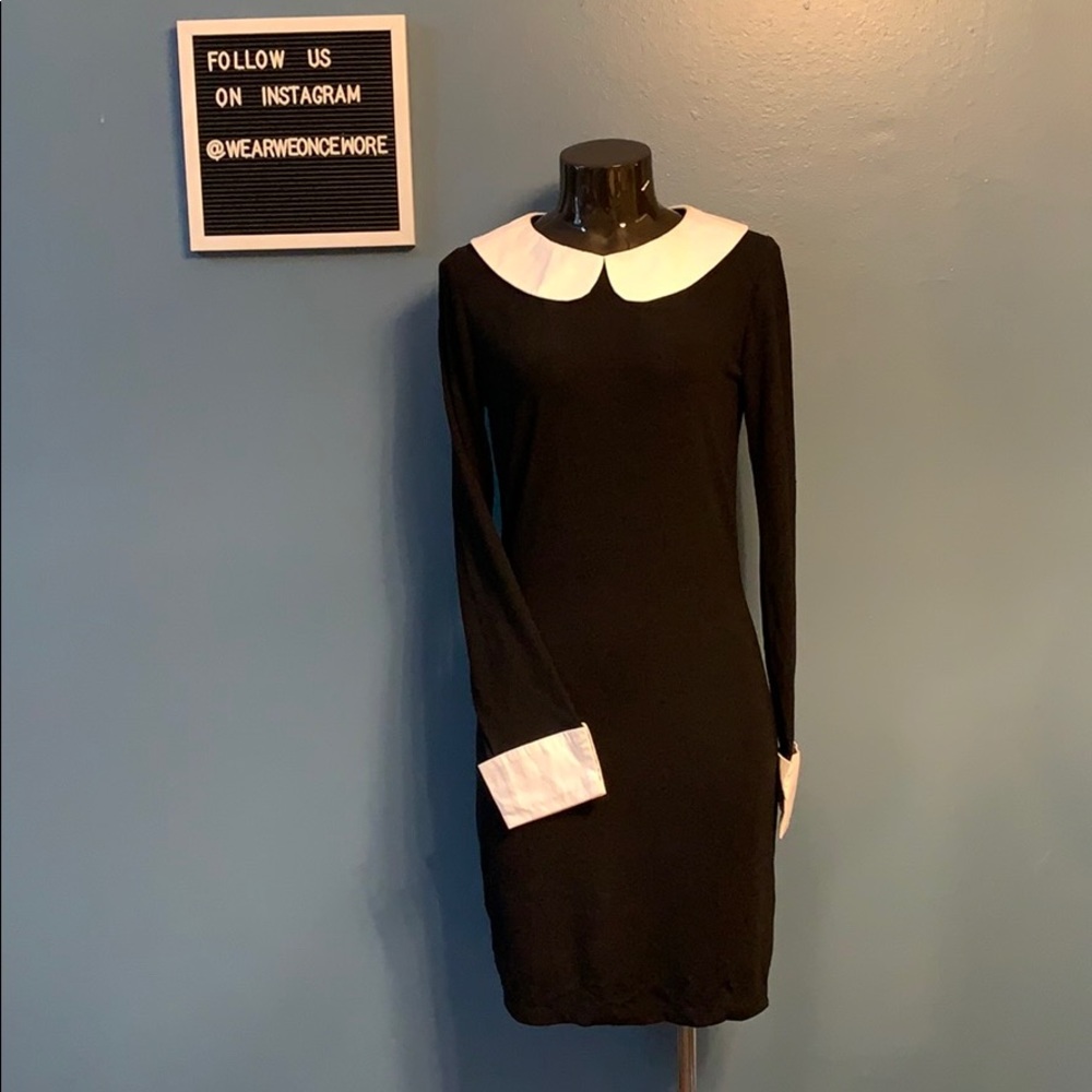 Wednesday Adam’s White Cuff & Collar Sheer Black Dress